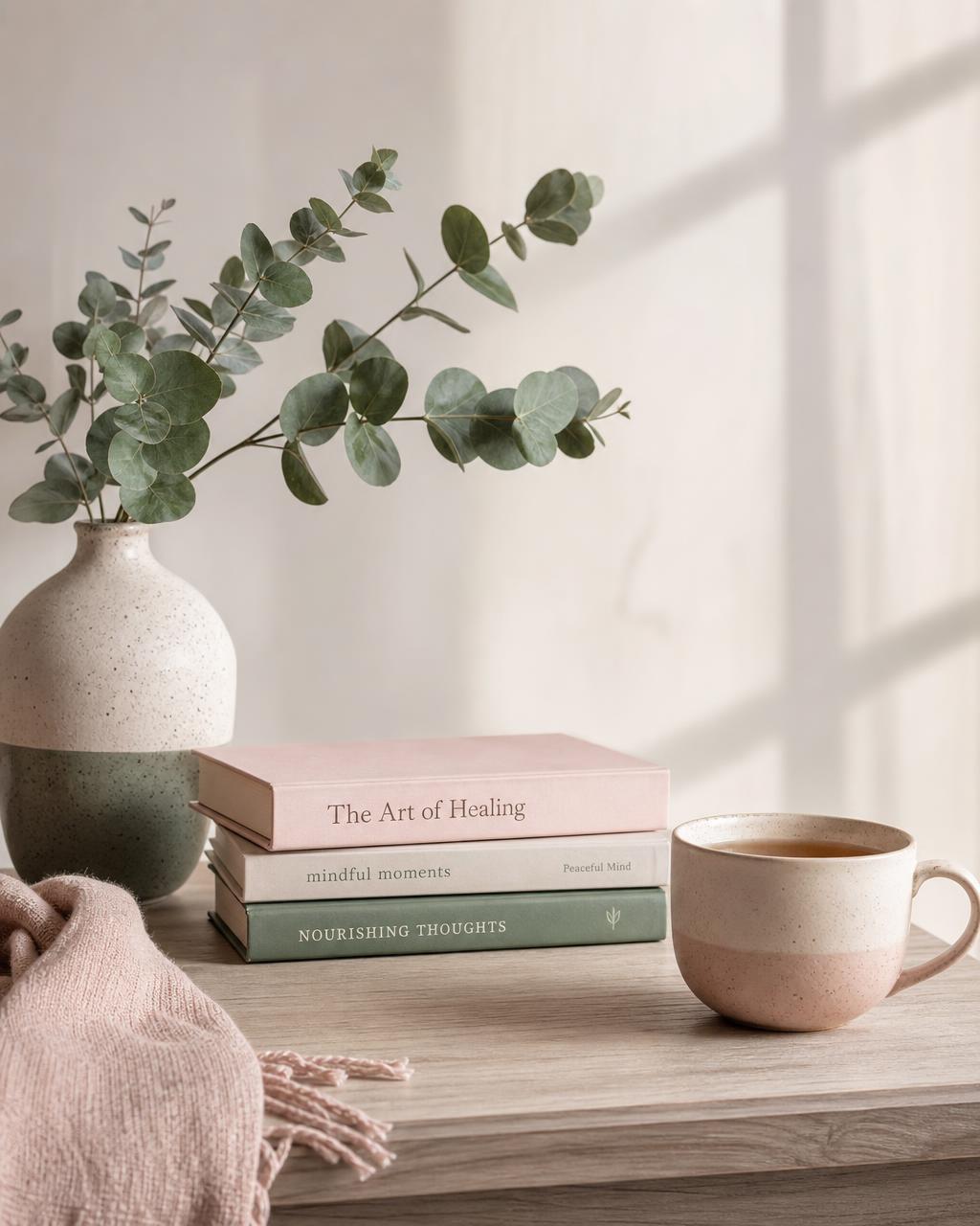 A calm, sunlit studio still life with eucalyptus, books, and a warm cup of tea